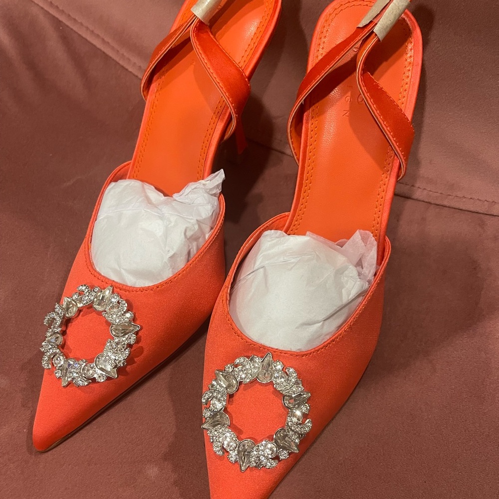 ASOS DESIGN Poppy embellished slingback high heeled shoes in orange